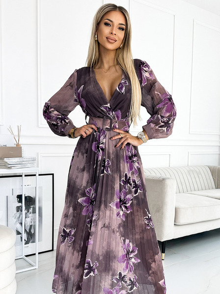numoco Langes Kleid aus plissiertem Chiffon mit Dekolleté, langen Ärmeln und breitem Gürtel - lila große Blumen Numoco