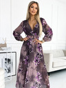 numoco Langes Kleid aus plissiertem Chiffon mit Dekolleté, langen Ärmeln und breitem Gürtel - lila große Blumen Numoco