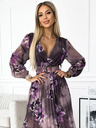 numoco Langes Kleid aus plissiertem Chiffon mit Dekolleté, langen Ärmeln und breitem Gürtel - lila große Blumen Numoco
