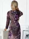 numoco Langes Kleid aus plissiertem Chiffon mit Dekolleté, langen Ärmeln und breitem Gürtel - lila große Blumen Numoco
