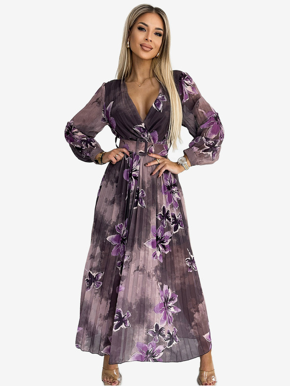 numoco Langes Kleid aus plissiertem Chiffon mit Dekolleté, langen Ärmeln und breitem Gürtel - lila große Blumen Numoco