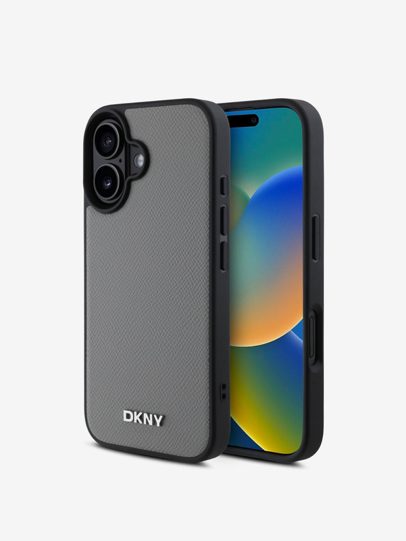 DKNY PU Leather Silver Metal Logo Magsafe iPhone 16 Grey Phone Case