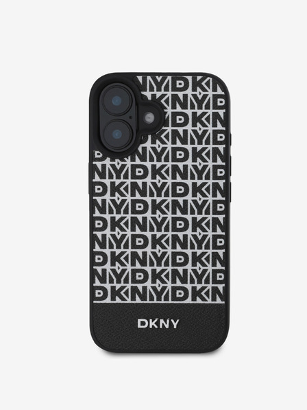 DKNY DKNY PU Leder Repeat Pattern Bottom Stripe MagSafe Back Cover für iPhone 16 Plus Schwarz