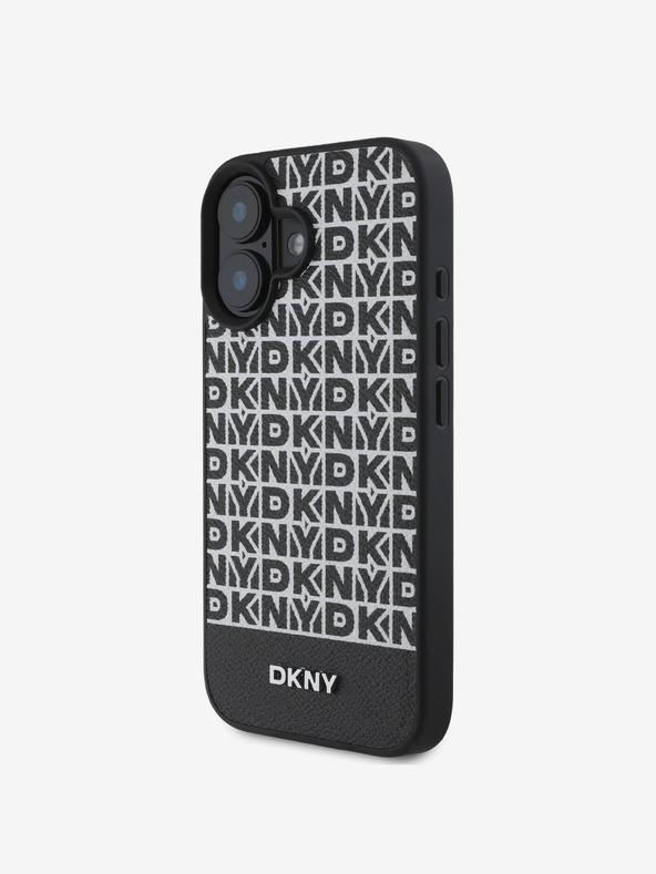 DKNY DKNY PU Leder Repeat Pattern Bottom Stripe MagSafe Back Cover für iPhone 16 Plus Schwarz