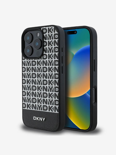 DKNY DKNY PU Leder Repeat Pattern Bottom Stripe MagSafe Back Cover für iPhone 16 Pro Schwarz