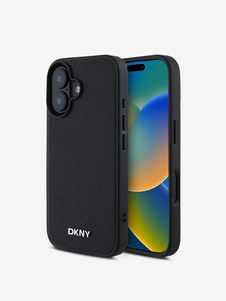 DKNY DKNY PU Leder Silbernes Metall Logo Magsafe Back Cover für iPhone 16 Schwarz