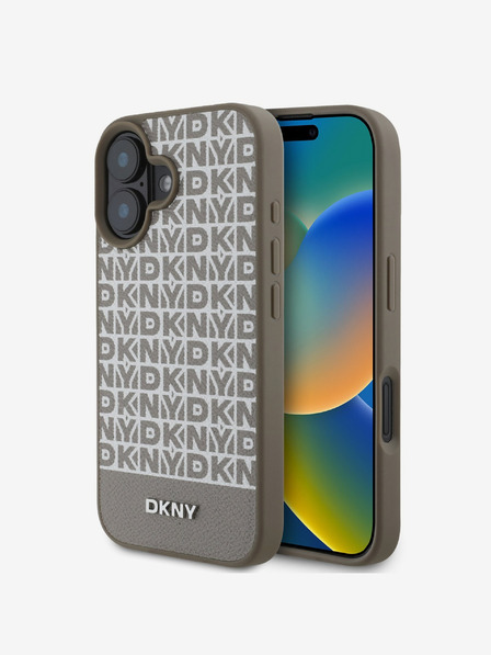 DKNY DKNY PU Leder Repeat Pattern Bottom Stripe MagSafe Back Cover für iPhone 16 Braun