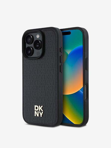 DKNY DKNY PU Leder Repeat Pattern Stack Logo MagSafe Back Cover für iPhone 16 Pro Max Schwarz
