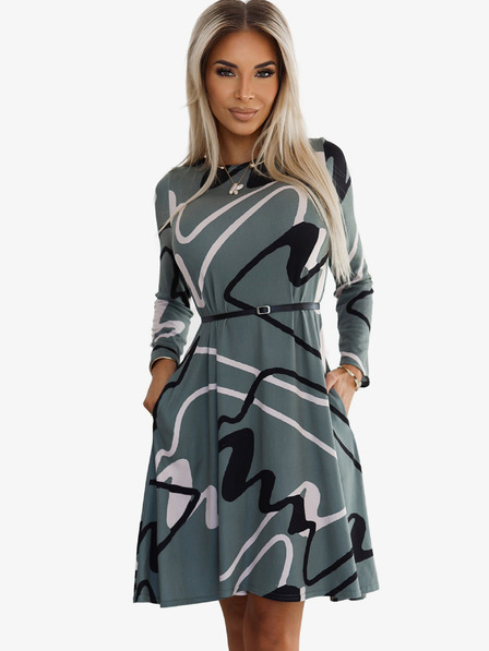 numoco Pulloverkleid mit Gürtel - oliv mit schwarzem und beigem Muster Numoco
