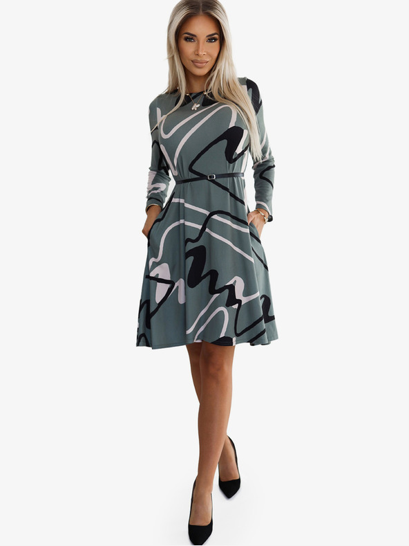 numoco Pulloverkleid mit Gürtel - oliv mit schwarzem und beigem Muster Numoco