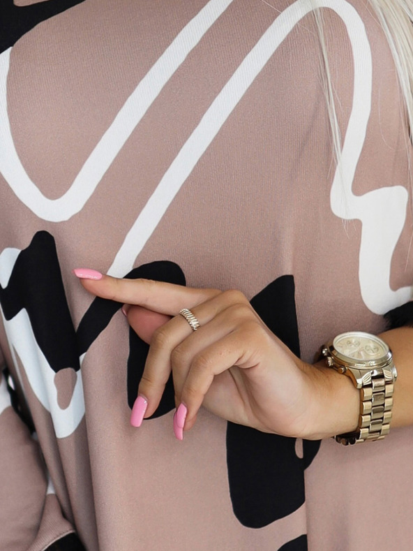 numoco Pulloverkleid mit Spitze - Beige mit schwarzem und weißem Numoco-Muster