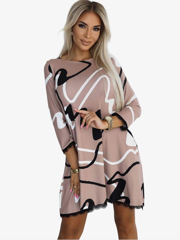 numoco Pulloverkleid mit Spitze - Beige mit schwarzem und weißem Numoco-Muster