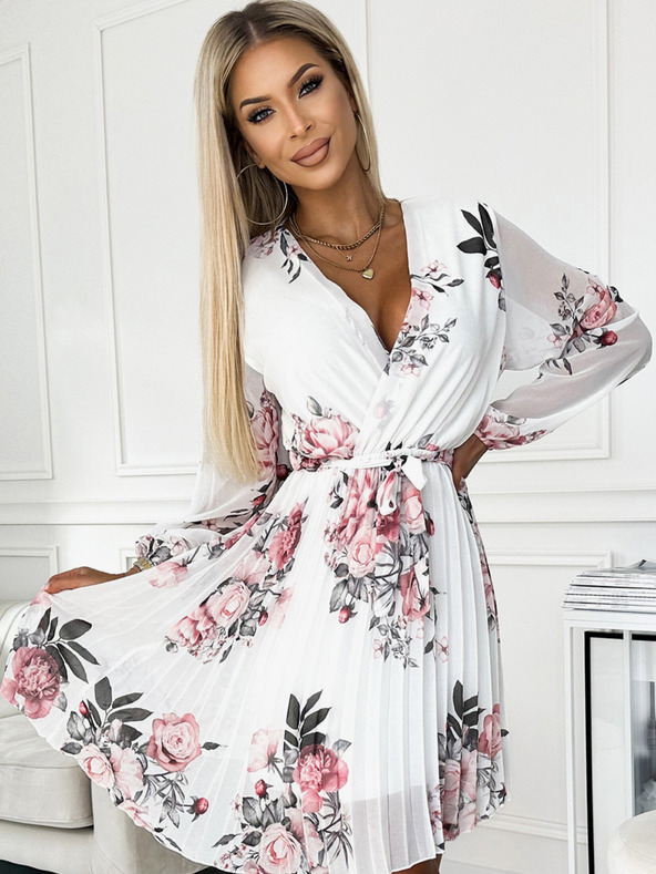 numoco Plissee-Kleid mit Ausschnitt, langen Ärmeln und Gürtel - weiß mit Rosen Numoco YSABELv