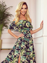 numoco Langes Kleid mit Rüschen - grüne Blätter und goldene Ketten Numoco
