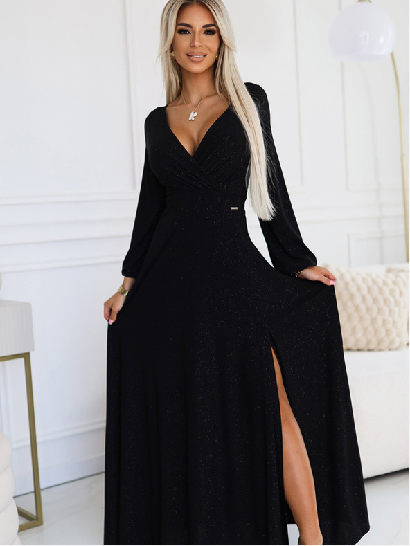 numoco Glänzendes Kleid mit langem Armausschnitt - Schwarz Numoco NELA