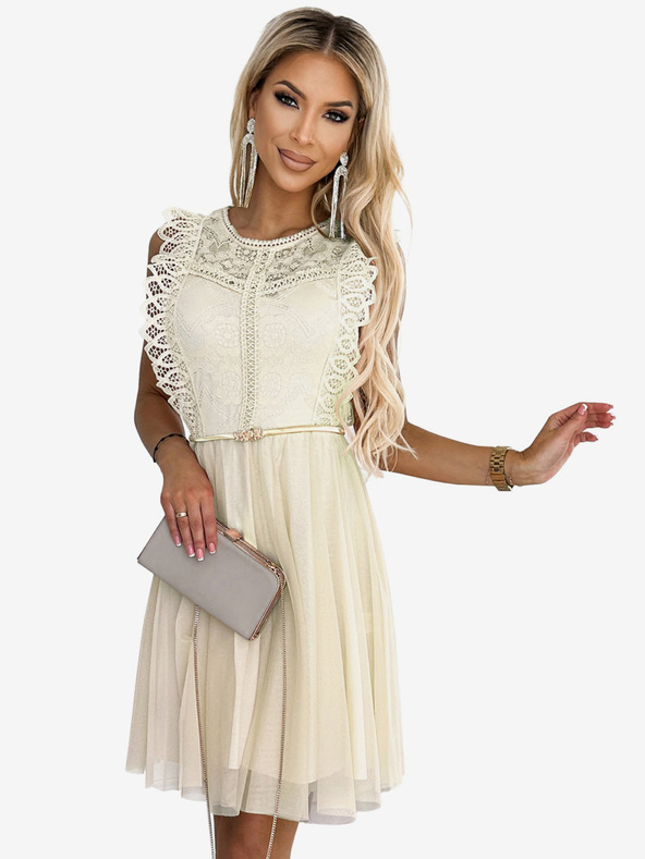 numoco Kleid mit Spitze und goldenem Gürtel - beige Numoco GRETA