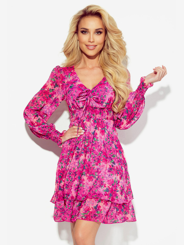 numoco Chiffonkleid mit Bindebandausschnitt - rosa Blumen MONICA