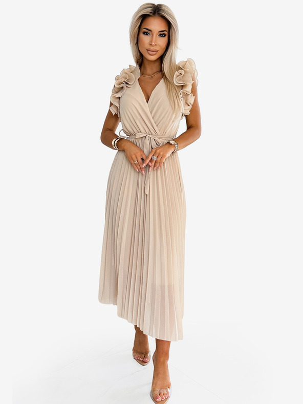 numoco Midikleid aus plissiertem Chiffon mit herzförmigem Ausschnitt und zarten Rüschen - beige Numoco MIRABELLA