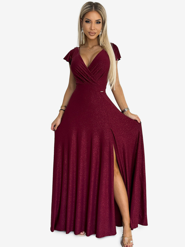 numoco Glitzerndes langes Kleid mit Ausschnitt - burgunderrot Numoco CRYSTAL