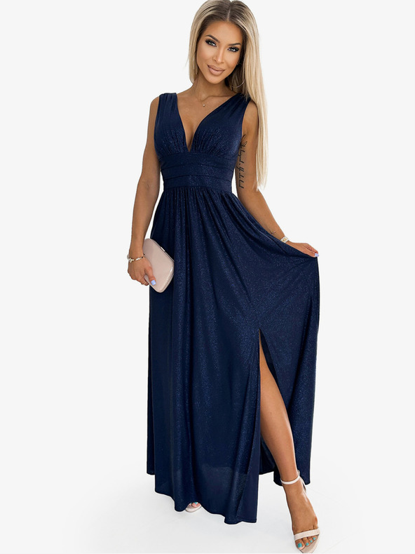 numoco Langes Brokatkleid mit Dekolleté und Taillensteppung - dunkelblau Numoco SUSAN