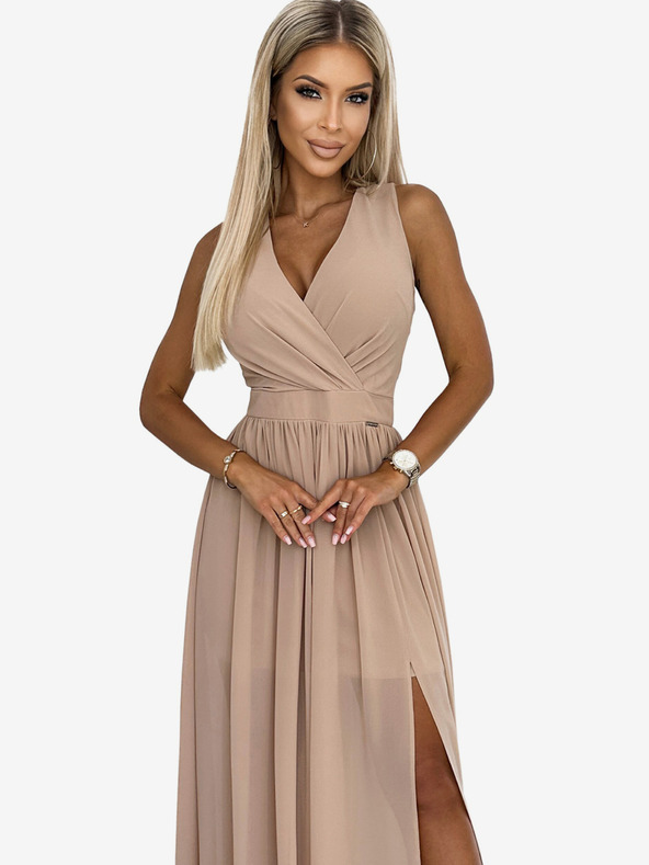 numoco Langes Kleid mit Ausschnitt und Schleife - beige Numoco JUSTINE