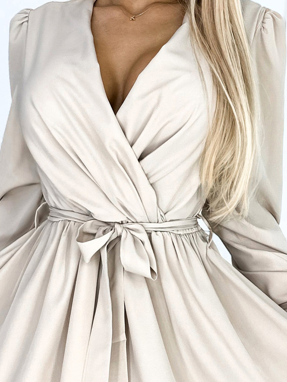 numoco Damenkleid mit Ausschnitt und Gürtel - beige Numoco BINDY