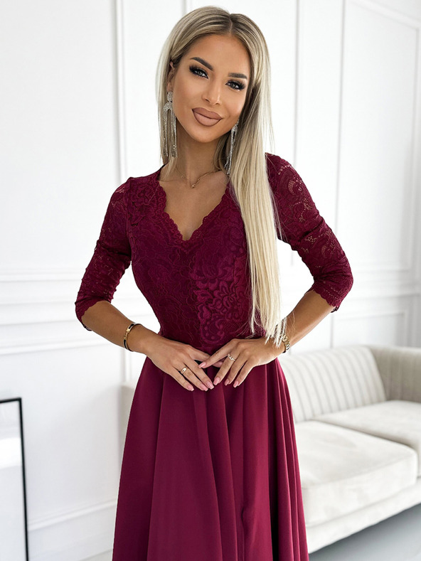 numoco Elegantes langes Maxikleid mit Spitzenausschnitt - burgunderrot Numoco AMBER