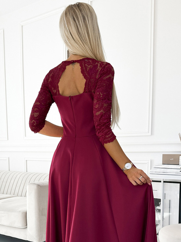numoco Elegantes langes Maxikleid mit Spitzenausschnitt - burgunderrot Numoco AMBER