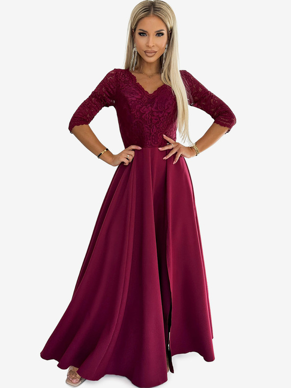 numoco Elegantes langes Maxikleid mit Spitzenausschnitt - burgunderrot Numoco AMBER