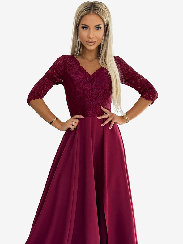 numoco Elegantes langes Maxikleid mit Spitzenausschnitt - burgunderrot Numoco AMBER