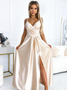 numoco Elegantes langes Satinkleid mit Dekolleté und Beinschlitz - beige Numoco JULIET