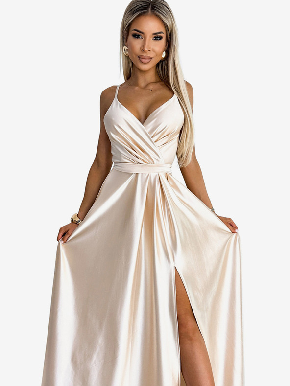 numoco Elegantes langes Satinkleid mit Dekolleté und Beinschlitz - beige Numoco JULIET