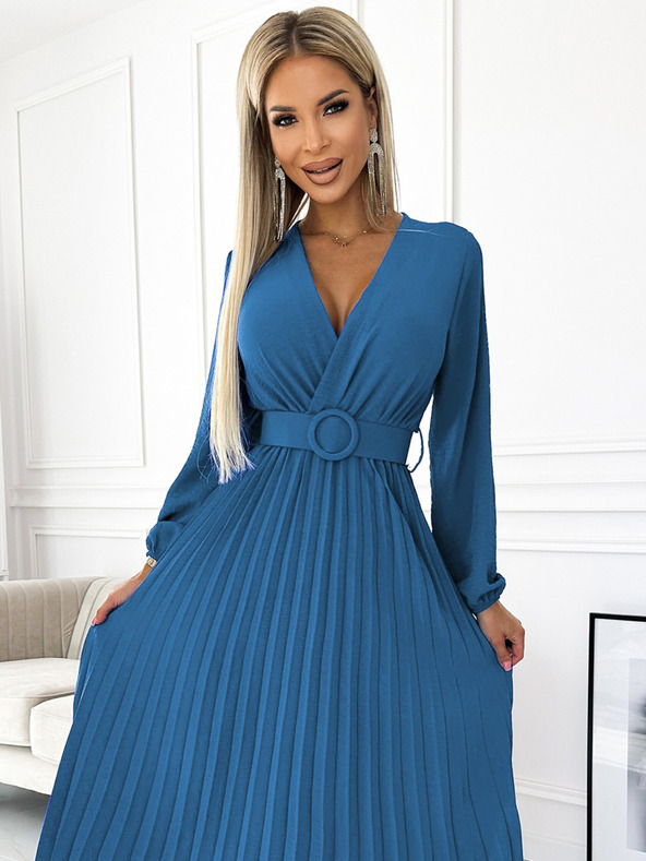 numoco Plissiertes Midikleid mit herzförmigem Ausschnitt, langen Ärmeln und breitem Gürtel Numoco VIVIANA