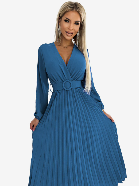 numoco Plissiertes Midikleid mit herzförmigem Ausschnitt, langen Ärmeln und breitem Gürtel Numoco VIVIANA