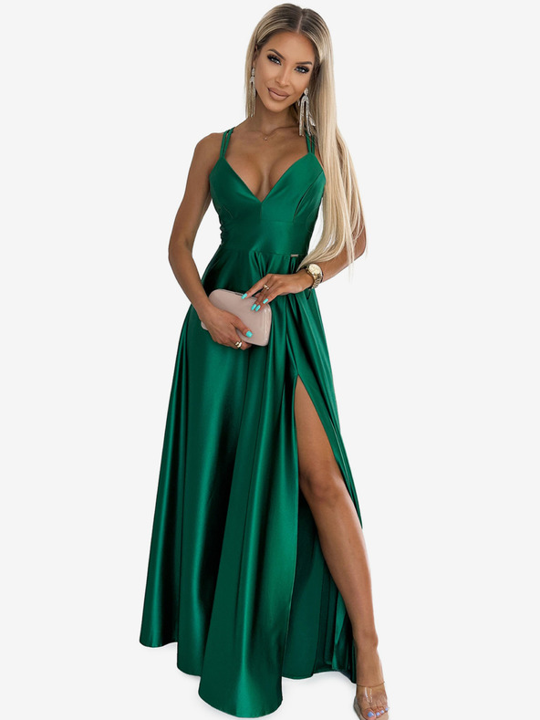 numoco Elegantes langes Satinkleid mit überkreuztem Ausschnitt und Trägern - grün Numoco LUNA