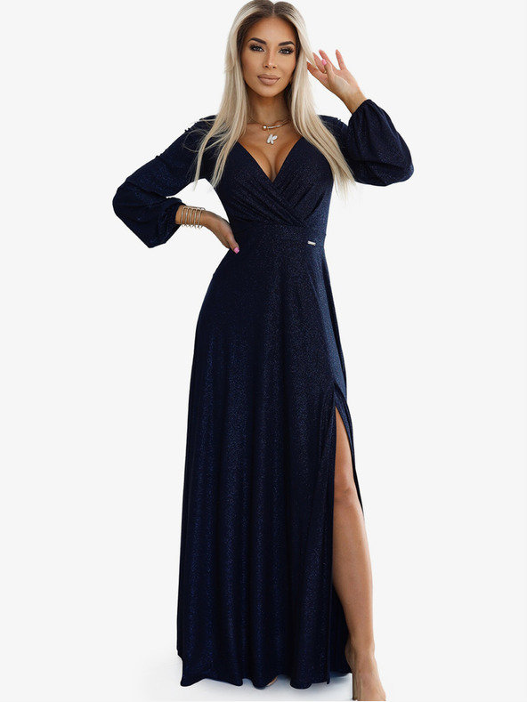 numoco Glänzendes langes Kleid mit langen Ärmeln - dunkelblau Numoco NELA