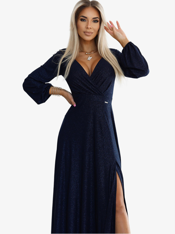 numoco Glänzendes langes Kleid mit langen Ärmeln - dunkelblau Numoco NELA