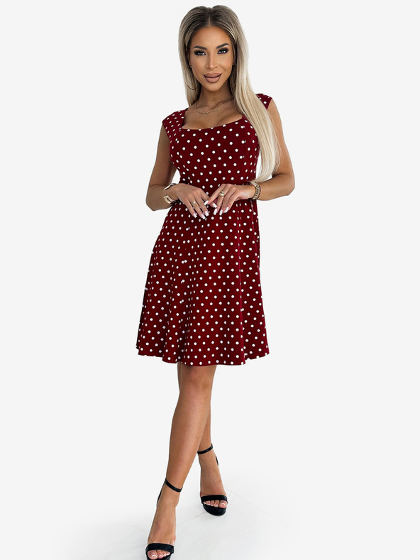 numoco Kleid mit Rautenausschnitt aus Baumwolle - burgunderrot mit Tupfen Numoco STELLA