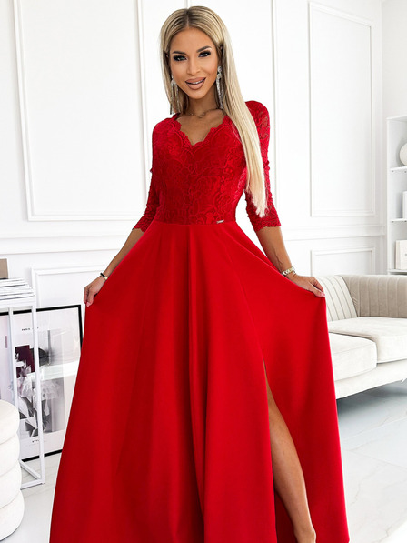 numoco Langes, elegantes Spitzenkleid mit herzförmigem Ausschnitt und Beinschlitz - rot Numoco AMBER