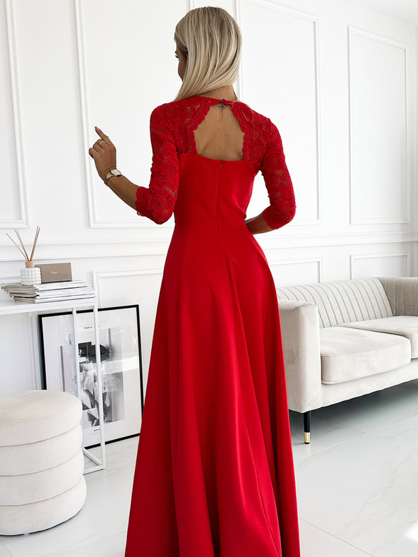 numoco Langes, elegantes Spitzenkleid mit herzförmigem Ausschnitt und Beinschlitz - rot Numoco AMBER