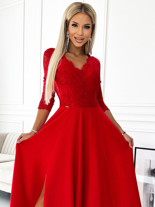 numoco Langes, elegantes Spitzenkleid mit herzförmigem Ausschnitt und Beinschlitz - rot Numoco AMBER
