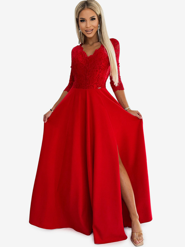 numoco Langes, elegantes Spitzenkleid mit herzförmigem Ausschnitt und Beinschlitz - rot Numoco AMBER