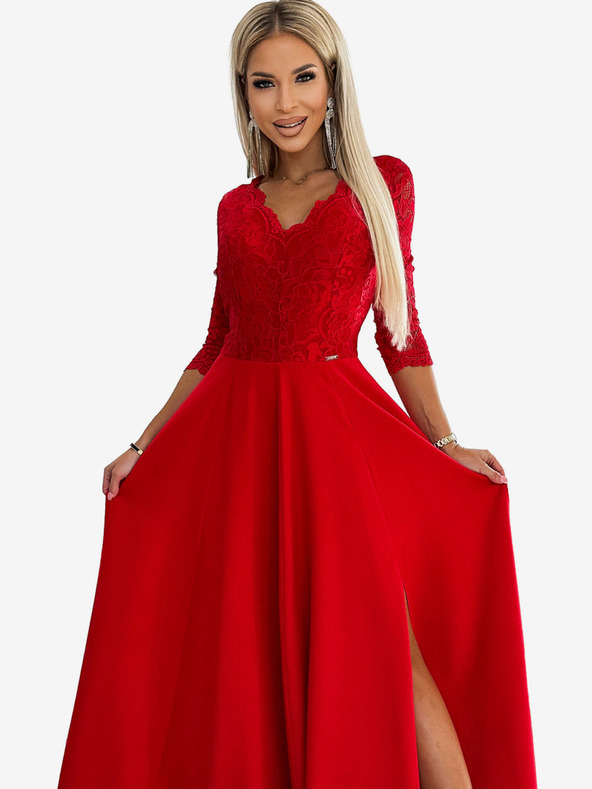 numoco Langes, elegantes Spitzenkleid mit herzförmigem Ausschnitt und Beinschlitz - rot Numoco AMBER