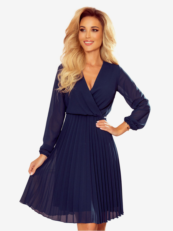 numoco Langärmeliges Kleid mit plissiertem Knopfausschnitt - navy Numoco ISABELLE