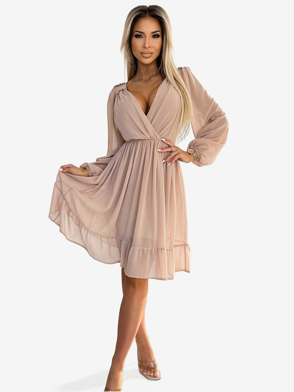 numoco Chiffon-Midikleid mit langen Ärmeln und Ausschnitt - beige Numoco MILA