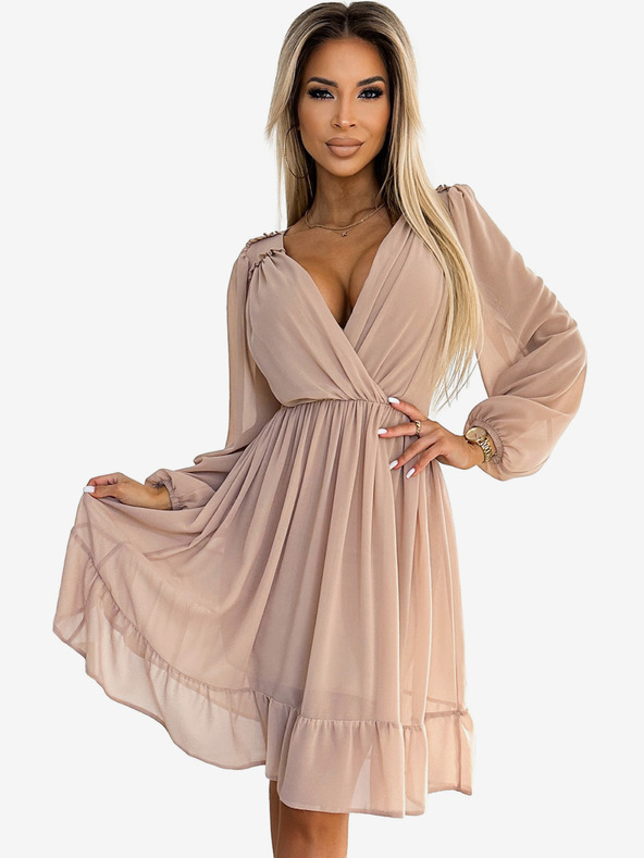 numoco Chiffon-Midikleid mit langen Ärmeln und Ausschnitt - beige Numoco MILA