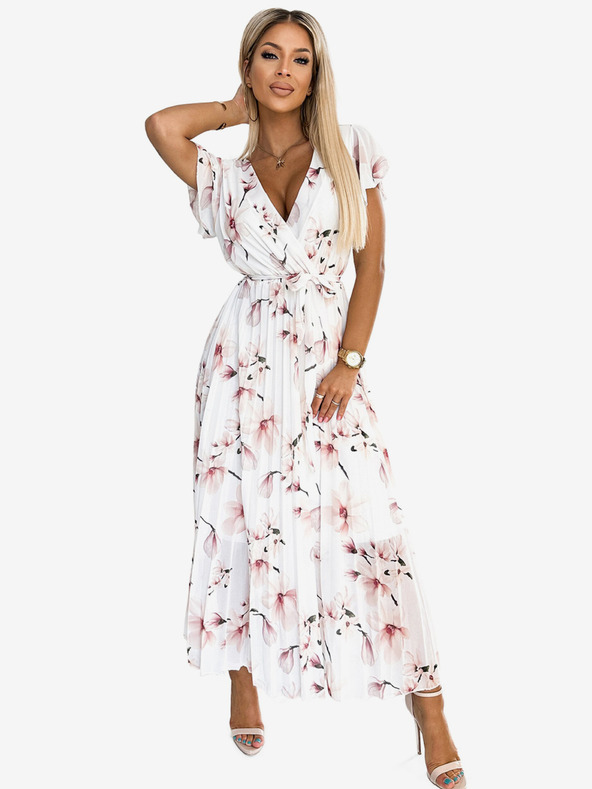 numoco Plissiertes Midikleid mit Ausschnitt und Rüschen - Pfirsichblüte auf weißem Grund Numoco LISA