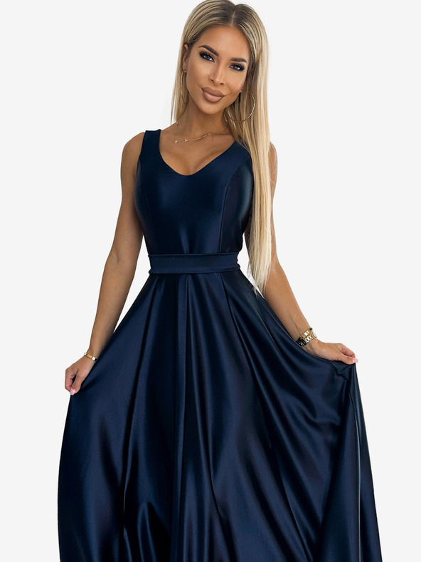 numoco Langes Midikleid aus Satin mit Ausschnitt und Schleife - dunkelblau Numoco CINDY