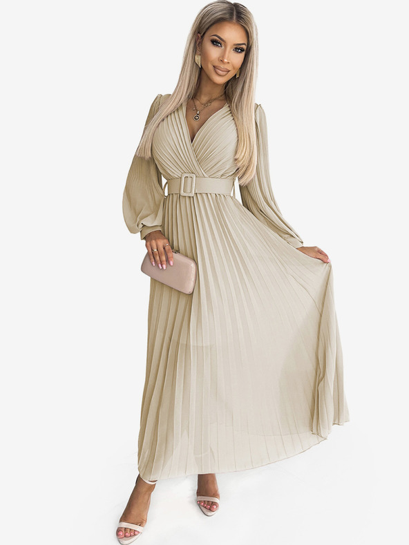 numoco Gürtelkleid mit Gürtel und Ausschnitt - beige Numoco KLARA