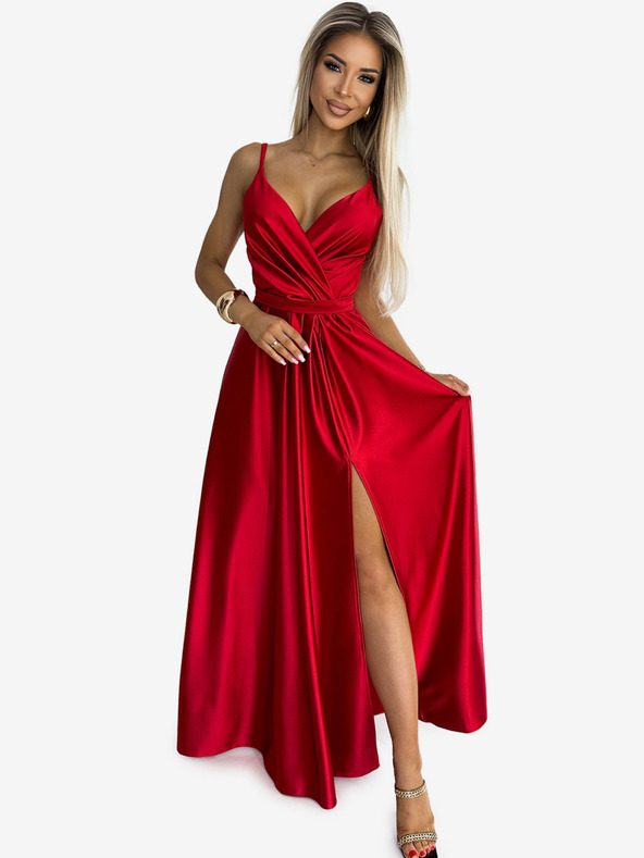 numoco Elegantes langes Satinkleid mit Dekolleté und Beinschlitz - rot Numoco JULIET